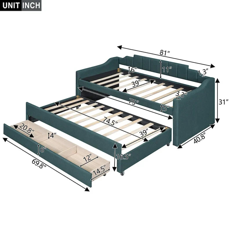 Twin Size Upholstered Daybed with Trundle and Three Drawers,Beige