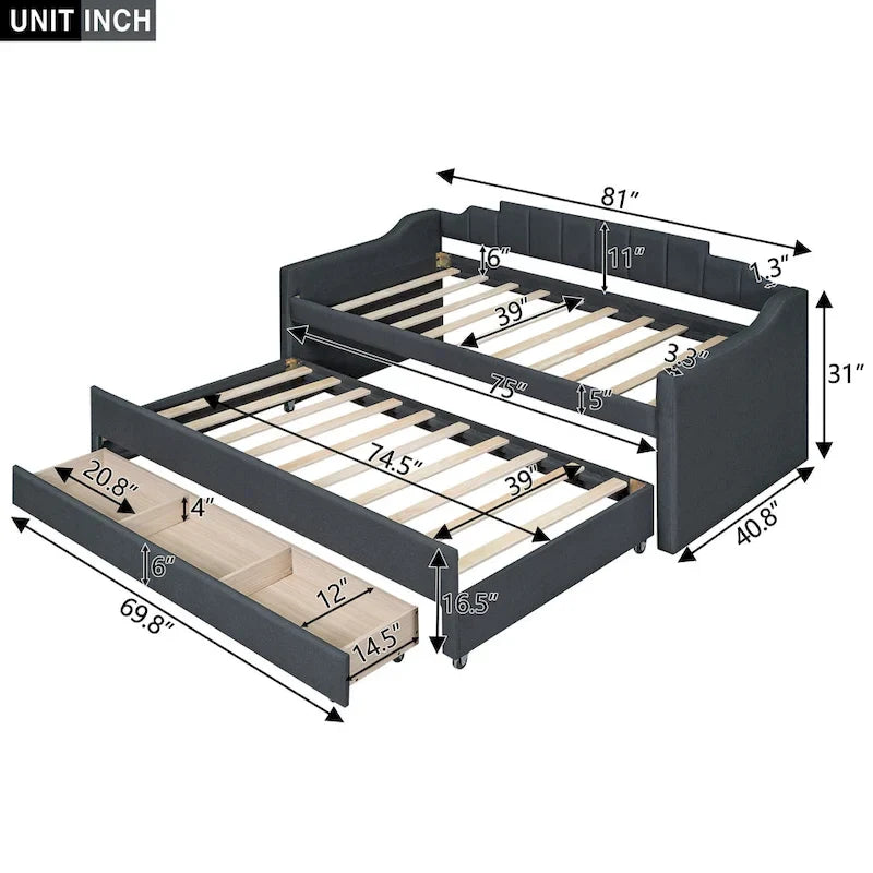 Twin Size Upholstered Daybed with Trundle and Three Drawers,Beige