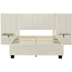 Lit plateforme tapissé grand format avec grande tête de lit, velours, beige