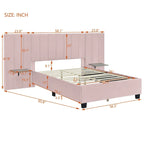 Lit plateforme tapissé grand format avec grande tête de lit, velours, beige