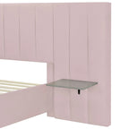 Lit plateforme tapissé grand format avec grande tête de lit, velours, beige