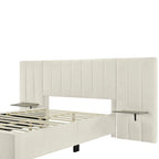 Lit plateforme tapissé grand format avec grande tête de lit, velours, beige
