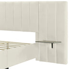 Lit plateforme tapissé grand format avec grande tête de lit, velours, beige