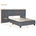 Lit plateforme tapissé grand format avec grande tête de lit, velours, beige
