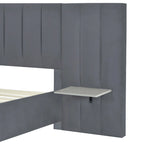 Lit plateforme tapissé grand format avec grande tête de lit, velours, beige