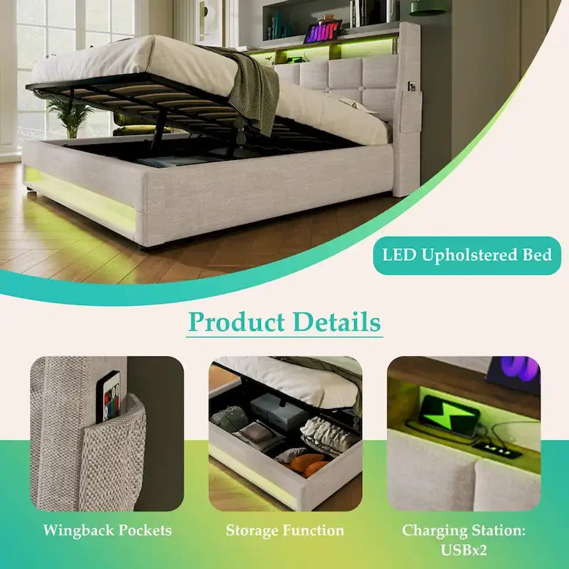 Queen size Upholstered Platform bed with a Hydraulic Storage System, LED and USB Charging, Grey (without mattress)