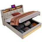 Queen size Upholstered Platform bed with a Hydraulic Storage System, LED and USB Charging, Grey (without mattress)