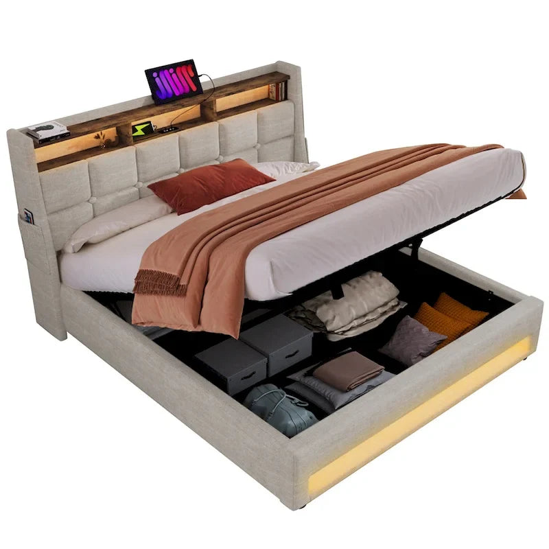 Queen size Upholstered Platform bed with a Hydraulic Storage System, LED and USB Charging, Grey (without mattress)