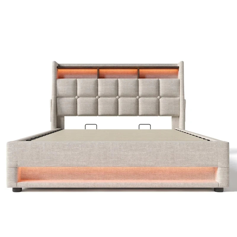 Queen size Upholstered Platform bed with a Hydraulic Storage System, LED and USB Charging, Grey (without mattress)