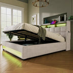Queen size Upholstered Platform bed with a Hydraulic Storage System, LED and USB Charging, Grey (without mattress)