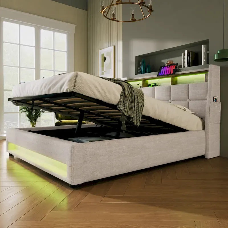 Queen size Upholstered Platform bed with a Hydraulic Storage System, LED and USB Charging, Grey (without mattress)
