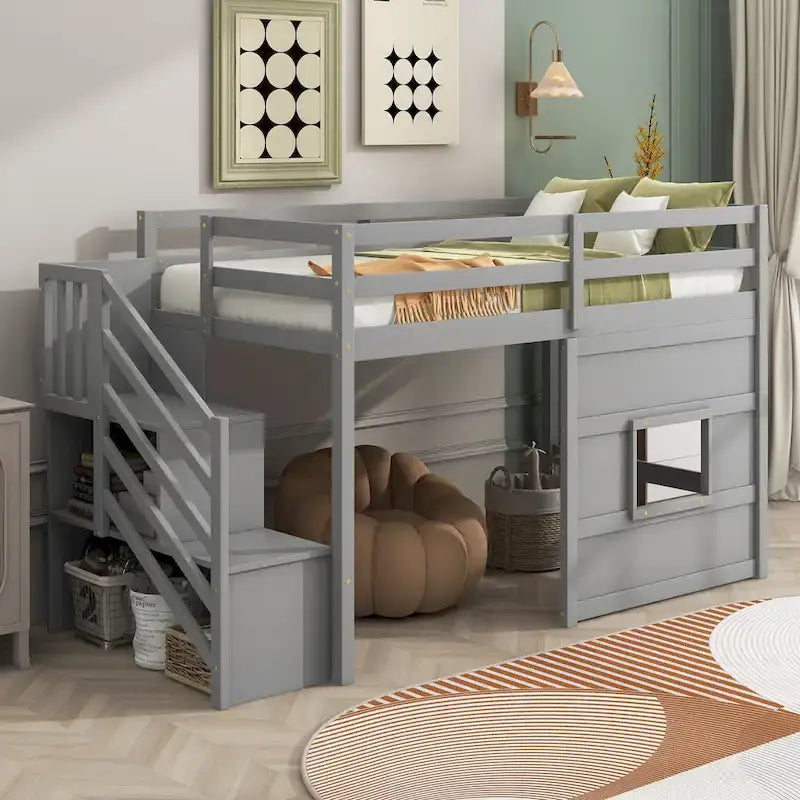 Lit mezzanine simple avec escalier de rangement et fenêtre, gris