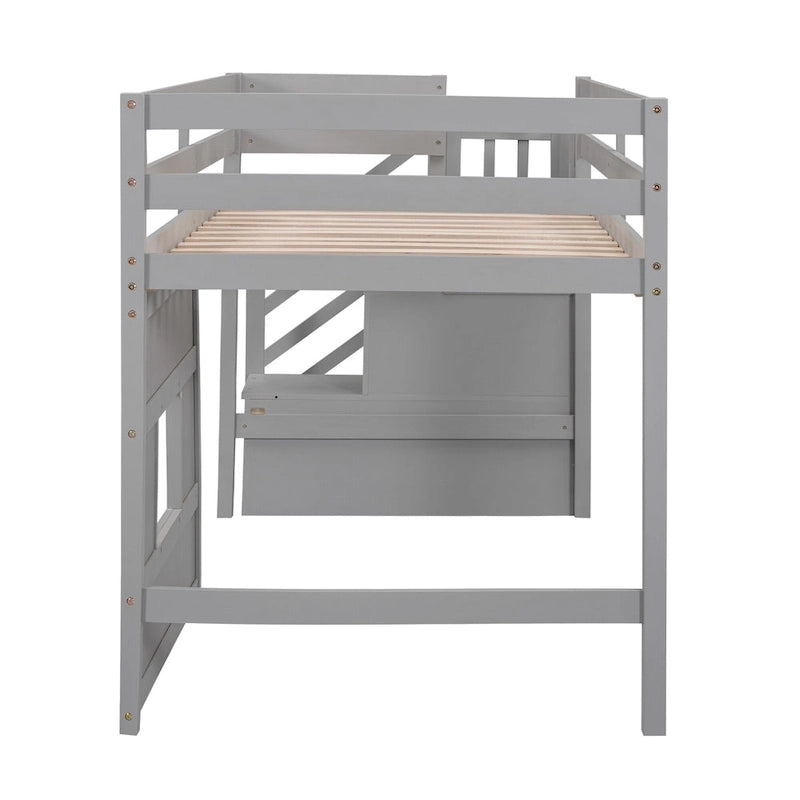 Lit mezzanine simple avec escalier de rangement et fenêtre, gris