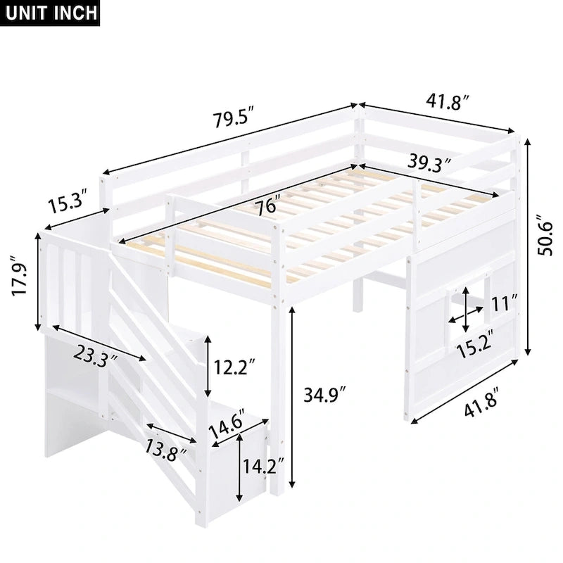 Lit mezzanine simple avec escalier de rangement et fenêtre, gris