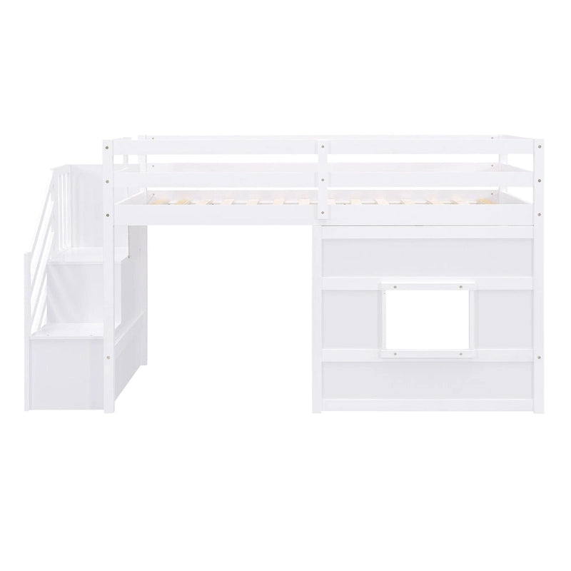 Lit mezzanine simple avec escalier de rangement et fenêtre, gris