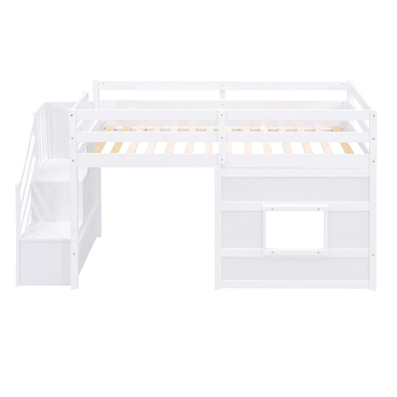 Lit mezzanine simple avec escalier de rangement et fenêtre, gris