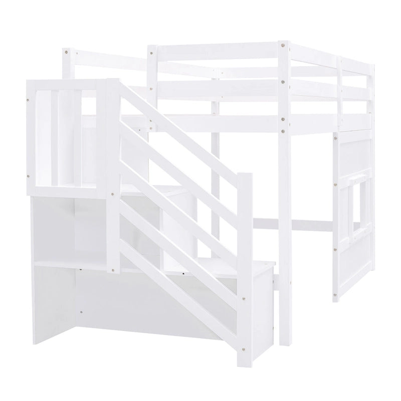 Lit mezzanine simple avec escalier de rangement et fenêtre, gris