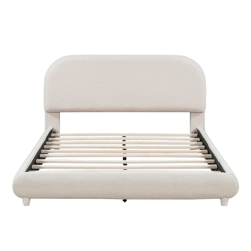 Teddy Fleece Full Size Upholstered Platform Bed with Thick Fabric, Solid Frame and Stylish Curve-shaped Design, Beige