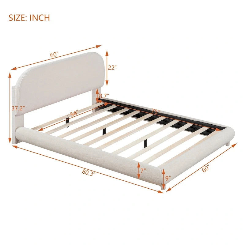 Teddy Fleece Full Size Upholstered Platform Bed with Thick Fabric, Solid Frame and Stylish Curve-shaped Design, Beige