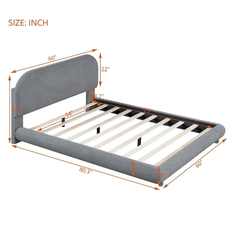 Teddy Fleece Full Size Upholstered Platform Bed with Thick Fabric, Solid Frame and Stylish Curve-shaped Design, Beige