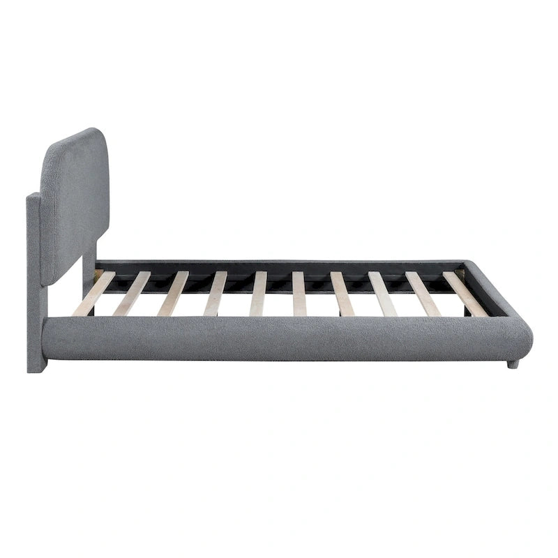 Teddy Fleece Full Size Upholstered Platform Bed with Thick Fabric, Solid Frame and Stylish Curve-shaped Design, Beige