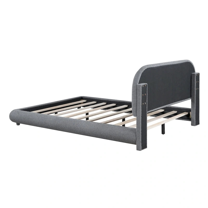 Teddy Fleece Full Size Upholstered Platform Bed with Thick Fabric, Solid Frame and Stylish Curve-shaped Design, Beige