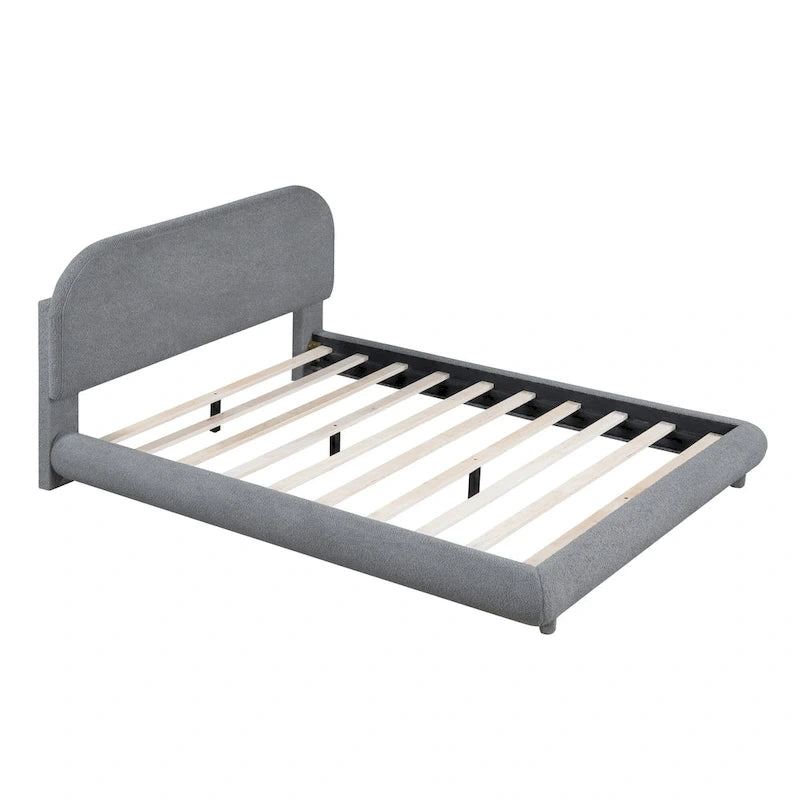 Teddy Fleece Full Size Upholstered Platform Bed with Thick Fabric, Solid Frame and Stylish Curve-shaped Design, Beige