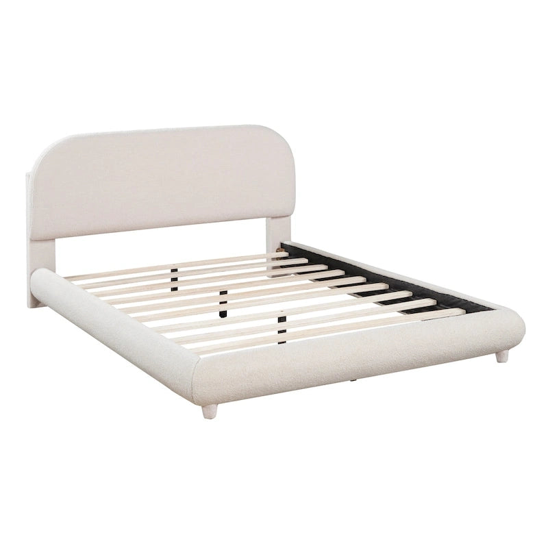 Teddy Fleece Full Size Upholstered Platform Bed with Thick Fabric, Solid Frame and Stylish Curve-shaped Design, Beige