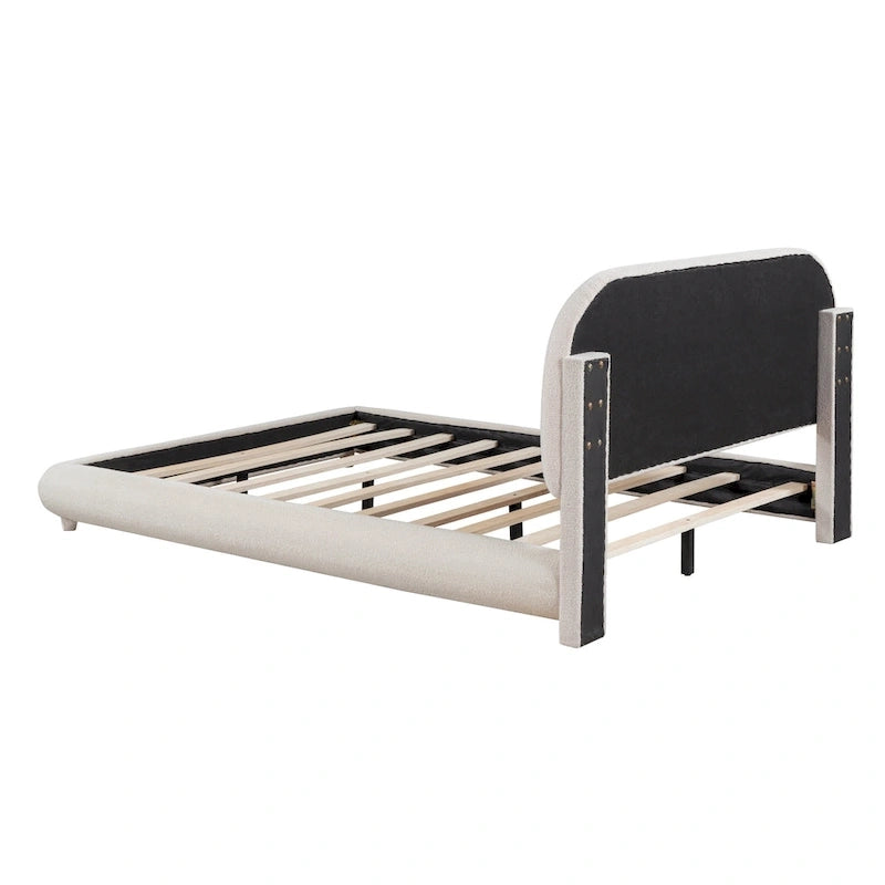 Teddy Fleece Full Size Upholstered Platform Bed with Thick Fabric, Solid Frame and Stylish Curve-shaped Design, Beige