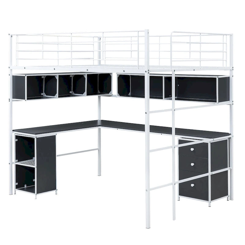 Metal Loft Bed with bookcase, desk and cabinet, Full, Black