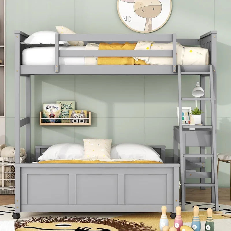 Lit superposé jumeau sur grand lit avec bureau, gris