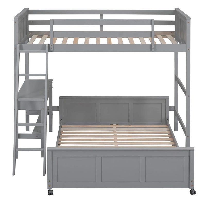 Lit superposé jumeau sur grand lit avec bureau, gris
