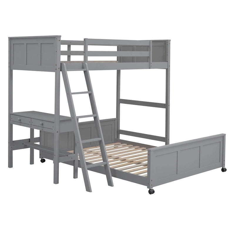 Lit superposé jumeau sur grand lit avec bureau, gris