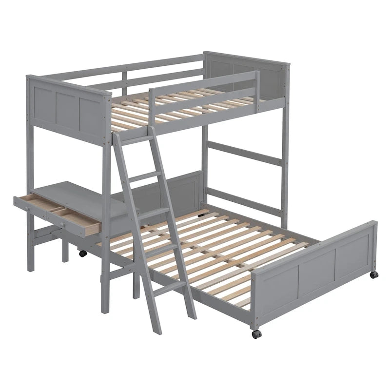 Lit superposé jumeau sur grand lit avec bureau, gris
