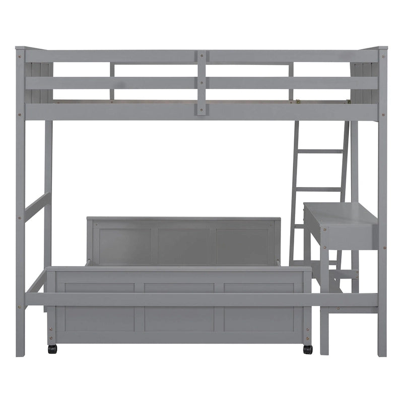 Lit superposé jumeau sur grand lit avec bureau, gris