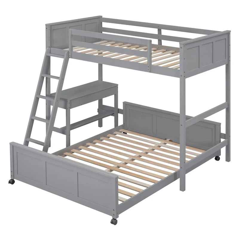 Lit superposé jumeau sur grand lit avec bureau, gris