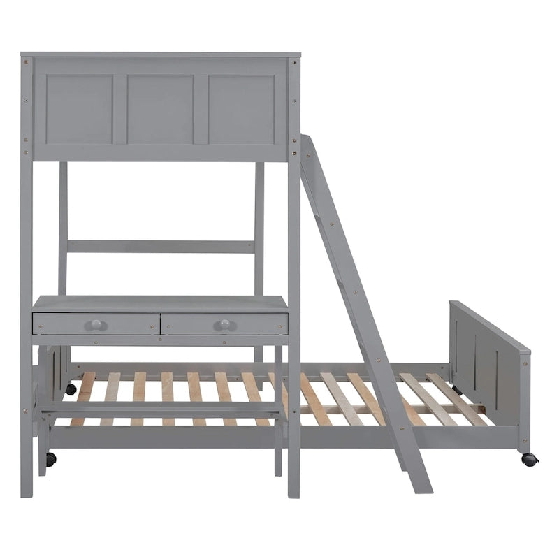 Lit superposé jumeau sur grand lit avec bureau, gris