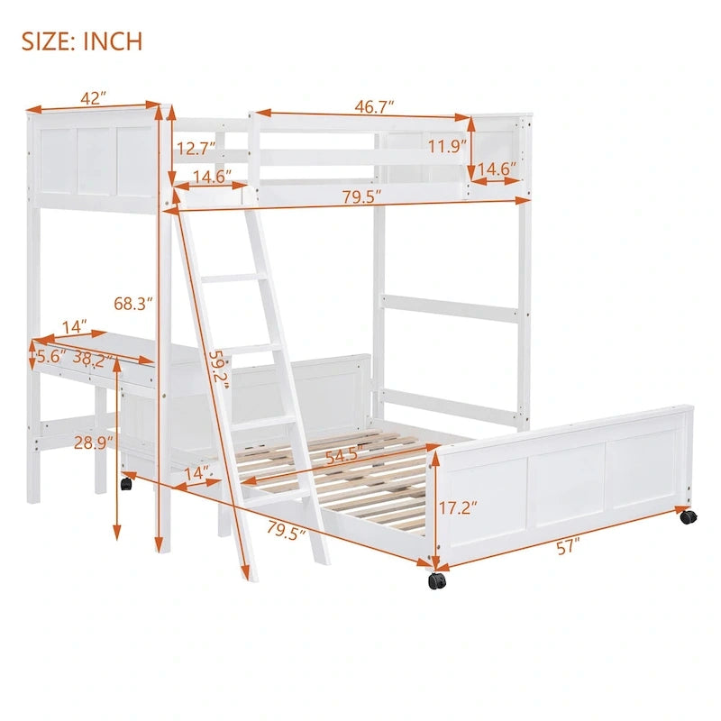 Lit superposé jumeau sur grand lit avec bureau, gris