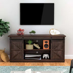 Meuble TV 2 étagères pour téléviseurs de 43 à 65 pouces. Style de vie simple et moderne du milieu du siècle, porte de grange de ferme - facile à ranger.