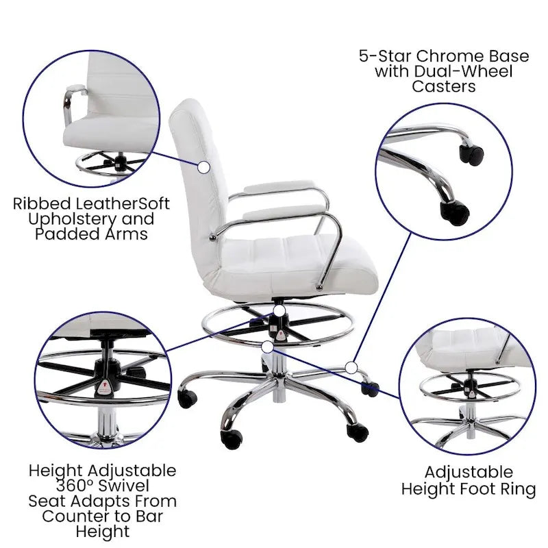 Mid-Back LeatherSoft Drafting Chair with Adjustable Foot Ring and Chrome Base