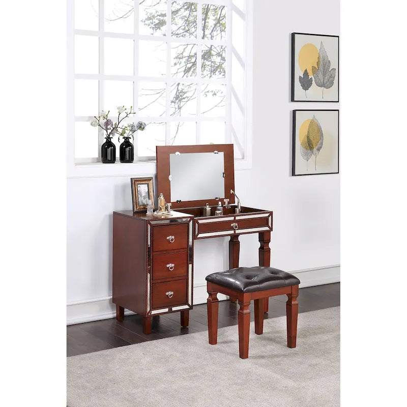 Poundex Wooden Makeup Vanity Set with Lift-up Mirror and Stool - Desk 43 x 18 x 30~47H, Stool 18 x 16 x 18H