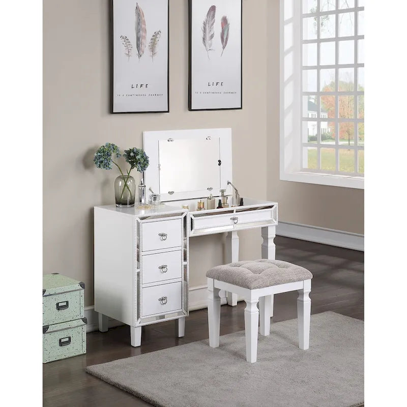 Poundex Wooden Makeup Vanity Set with Lift-up Mirror and Stool - Desk 43 x 18 x 30~47H, Stool 18 x 16 x 18H