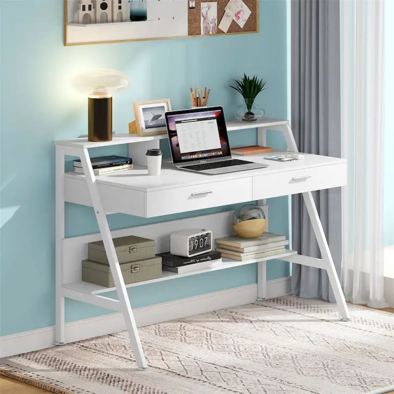 Computer Desk with Drawers and Storage Monitor Hutch Shelf, Office Writing Desk with Shelves