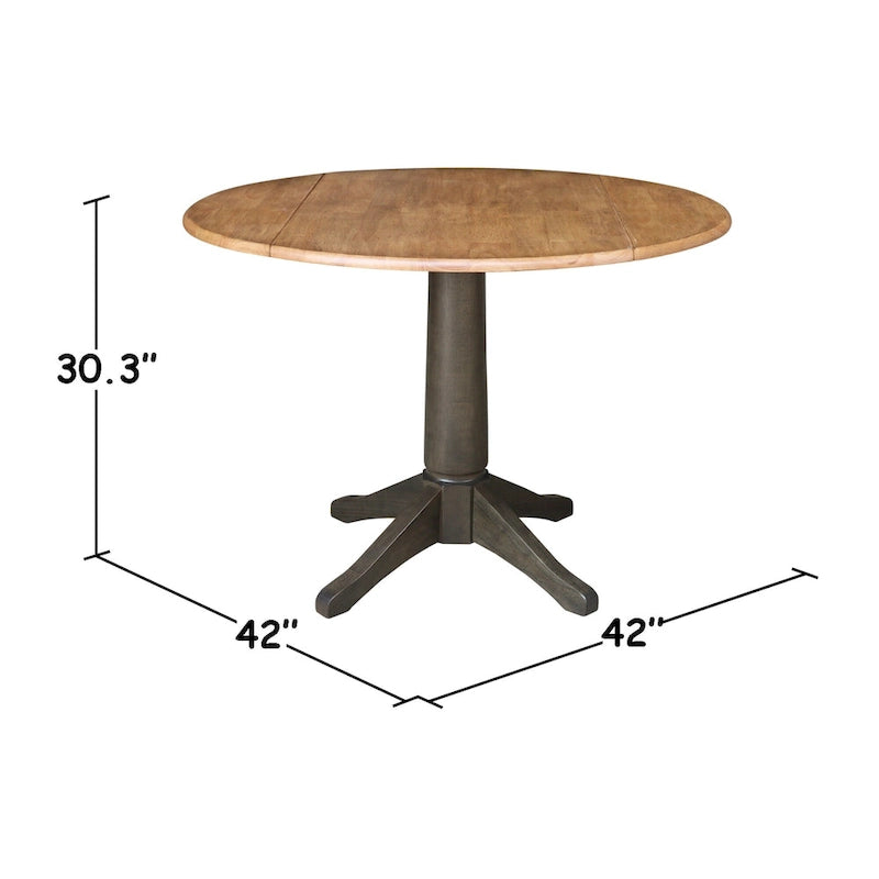 42 in. Round Dual Drop Leaf Dining Table with 2 Slatback Chairs in Hickory/Washed Coal