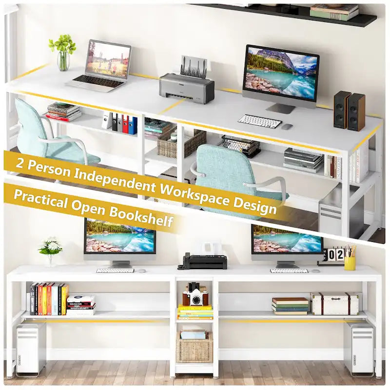 Two Person Desk with Bookshelf, Double Office Desk