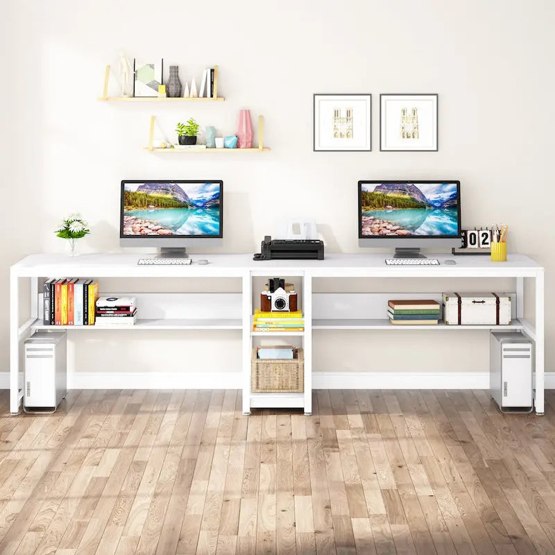 Two Person Desk with Bookshelf, Double Office Desk