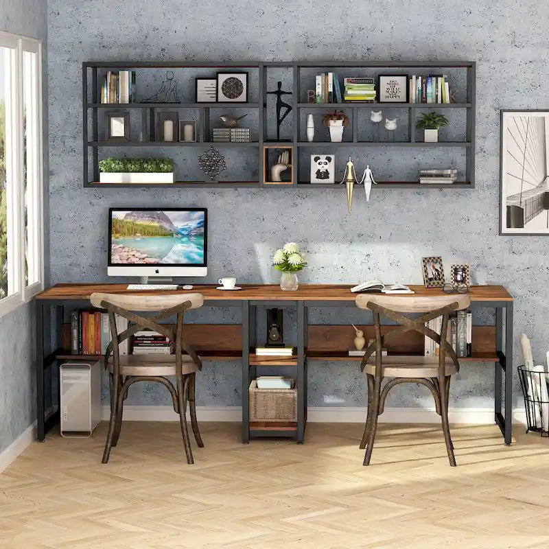 Two Person Desk with Bookshelf, Double Office Desk