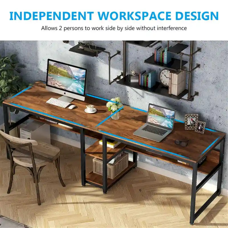 Two Person Desk with Bookshelf, Double Office Desk
