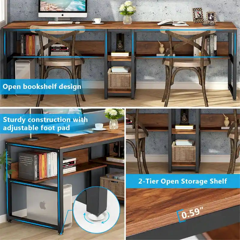 Two Person Desk with Bookshelf, Double Office Desk