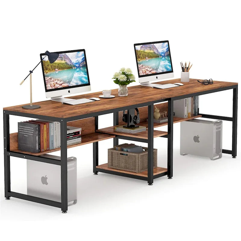 Two Person Desk with Bookshelf, Double Office Desk